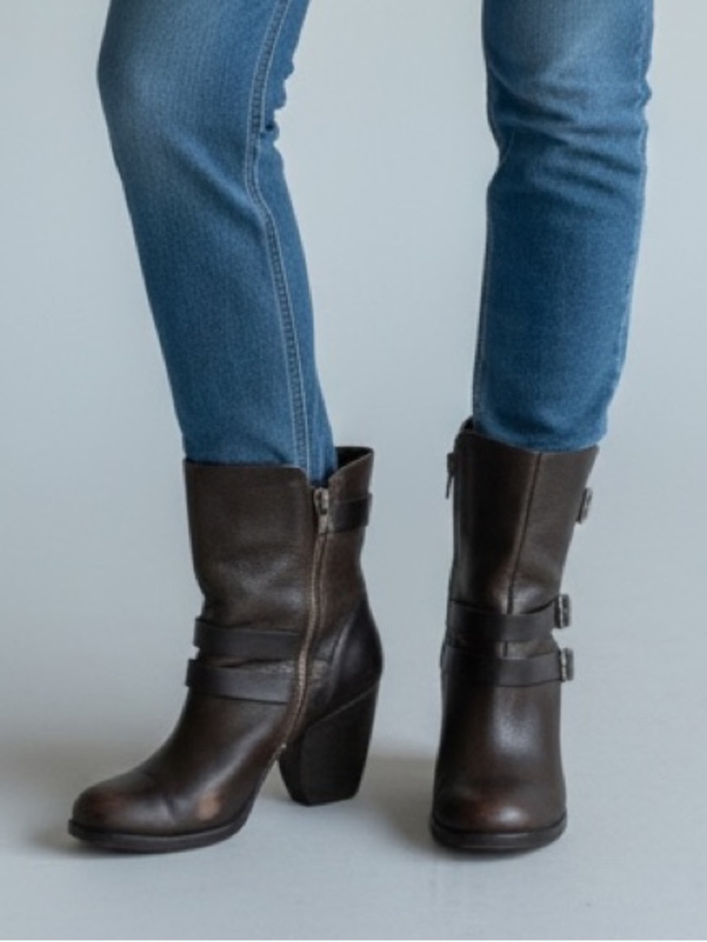 Kork-Ease Dark Brown Leather Buckle Strap Heeled Ankle Boots